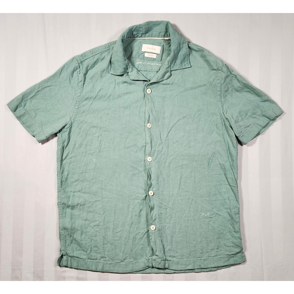 Porter & Ash Mens S Sage Viscose Linen Blend Short Sleeve Button Camp Shirt